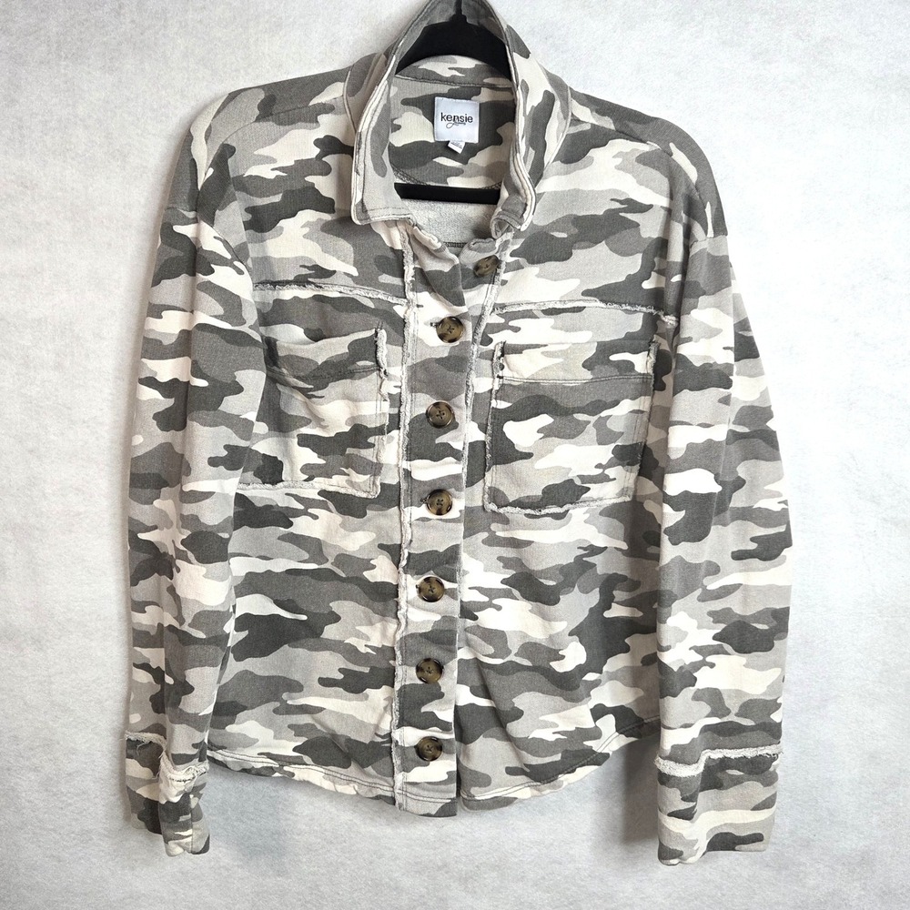 Kensie Camo Utility Jacket Shacket Button Front‎ Raw Hem Women's Small